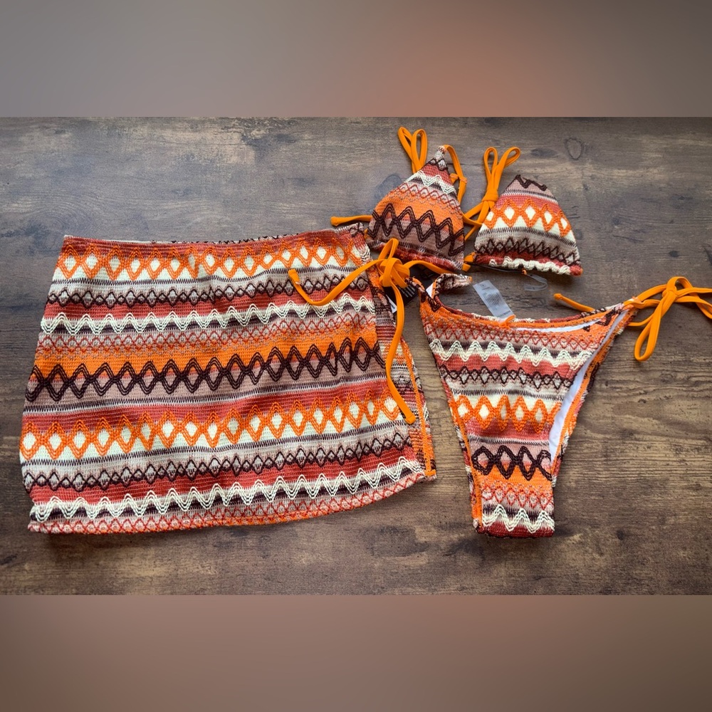 Colorful Patterned Crocheted 3 pc Swim Set - Picture 2 of 6